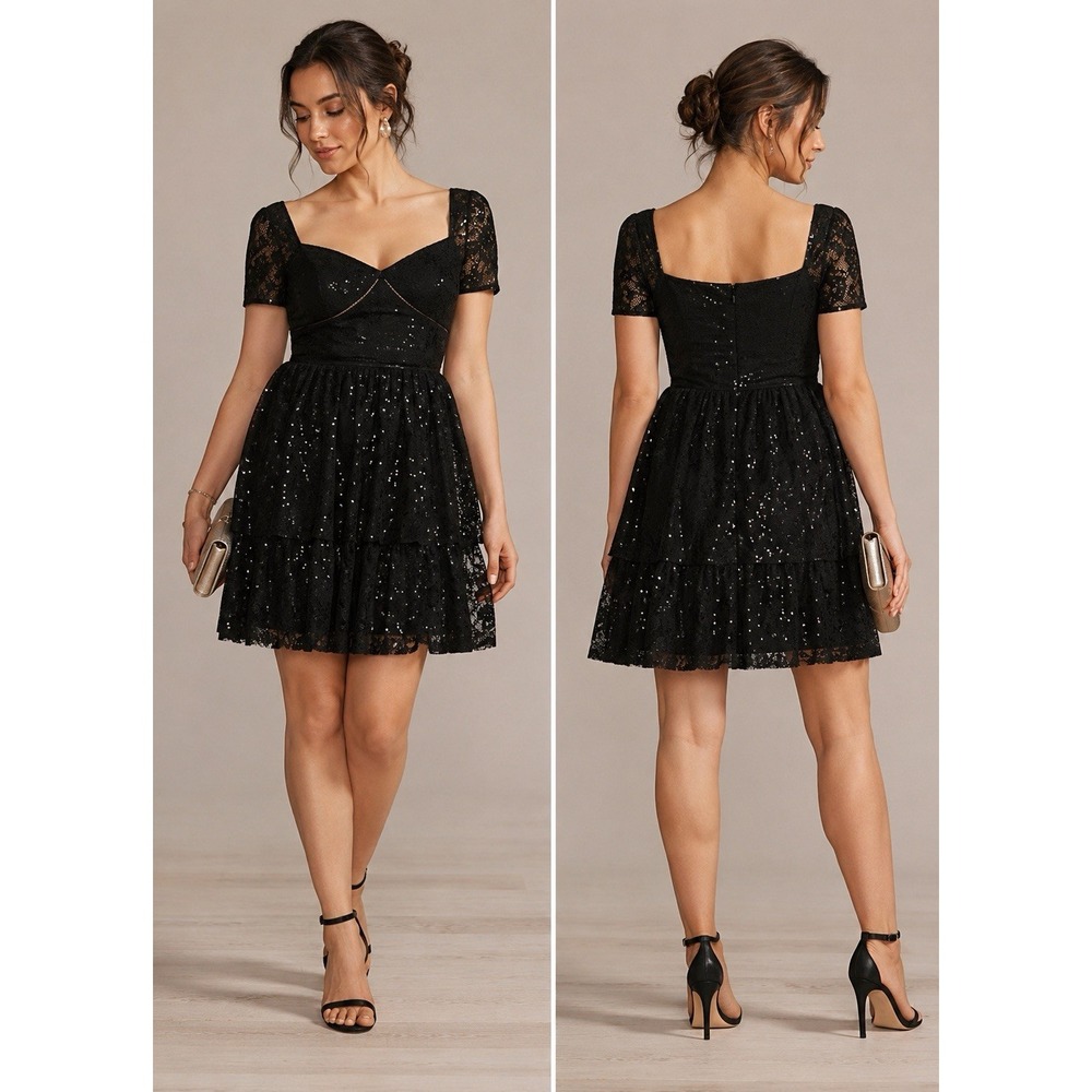 DB STUDIO Black Short Sleeve Illusion Lace Tiered Ruffle Dress 10 NWT Cocktail